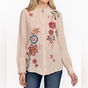 Johnny Was Workshop Ruffle Collar Embroidered Blouse Messine Size XS NWT